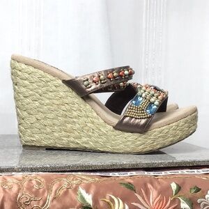 Very Volatile Cadence Tribal Bronze Leather Wedge Platform Sandals Sz. 10